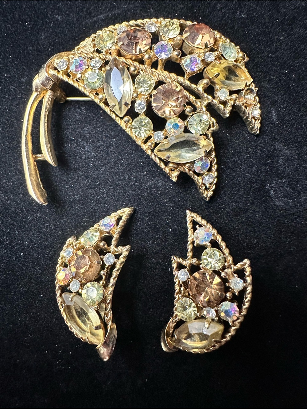 Emmons - Gold-Tone Crystal Brooch and clip Earring Set - Champagne and Clear